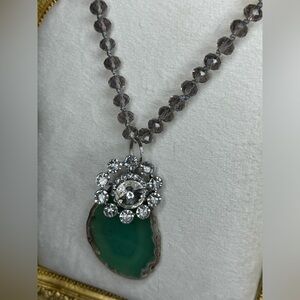Handcrafted 36" crystal knotted necklace with polished stone with dangling